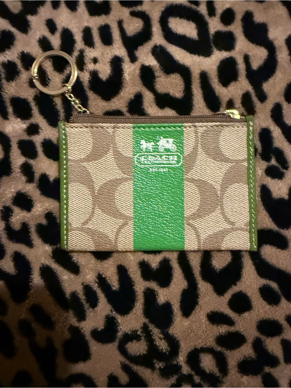 Coach Khaki and Green Signature Stripe Key Pouch